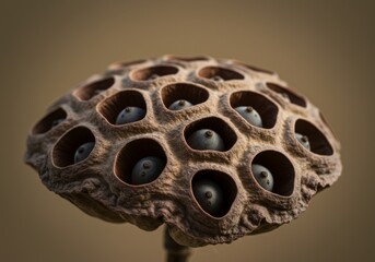 An extreme close-up captures the striking, organic texture of a dried lotus seed head or pod. Its brown, pitted surface contains dark, visible seeds nestled in the individual holes, creating a mesmeri