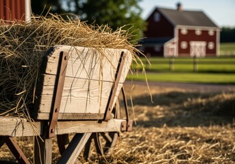 A close-up of a rustic, wooden farm cart heaped high with dry hay or straw, positioned in a sunny field. The blurred background features a traditional red barn, creating a picturesque scene that embod