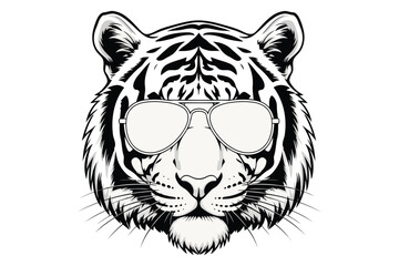 Vector art of a cool tiger wearing aviator sunglasses, exuding confidence and style, a symbol of power, grace, and the essence of untamed beauty
