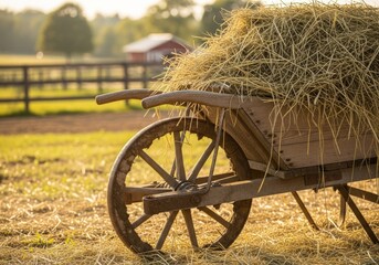 A close-up of a rustic, wooden farm cart heaped high with dry hay or straw, positioned in a sunny field. The blurred background features a traditional red barn, creating a picturesque scene that embod