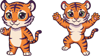 Cute cartoon baby tigers, standing upright, smiling, playful pose, green eyes, orange fur, black stripes, white paws, children illustration, vector art