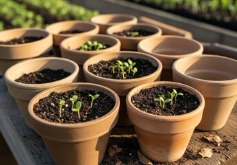 A neat arrangement of terracotta pots filled with dark soil, each holding a tiny, delicate seedling or sprout. The pots sit on a rustic wooden table in a sunny nursery or garden center, symbolizing gr