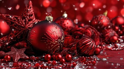 Red Christmas background with festive mood and decorative holiday details.