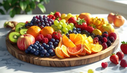 A vibrant assortment of fresh fruits, including grapes, oranges, strawberries, raspberries, and apples, artfully arranged on a wooden platter against a bright, natural light setting, creating a...