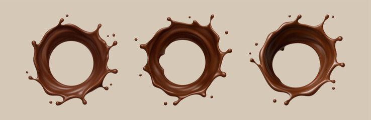 Chocolate liquid splashes on beige background. Realistic cocoa swirl set. Vector illustration