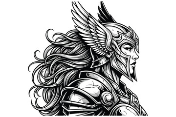 Vector art of detailed black and white illustration of a valkyrie warrior with winged helmet and flowing hair, , showcasing norse mythology and strength
