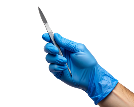 A hand in a blue latex glove delicately holding a scalpel tilted upward, emphasizing 