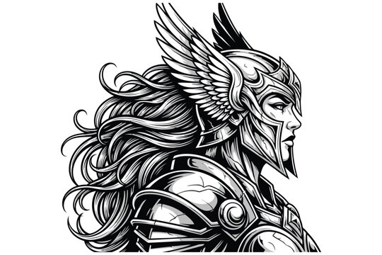 Vector art of detailed black and white illustration of a valkyrie warrior with winged helmet and flowing hair, , showcasing norse mythology and strength