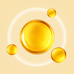 Golden oil bubbles or cosmetic serum drops. Concept skin care cosmetics solution. Vector illustration