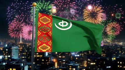 Turkmenistan flag independence day with fireworks over city at night, symbolizing national pride and celebration