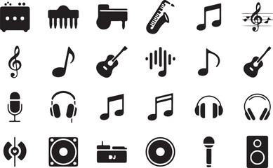 Music Icon Vector, Sound Equipment Illustration, Instrument Clipart Set, Guitar Microphone Symbols, Musical Notes Vector, Studio Audio Design, Entertainment Sound Graphic, Melody Icon Pack, Music Prod