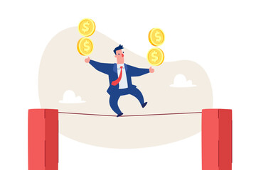 businessman balancing golden coins while walking on tightrope