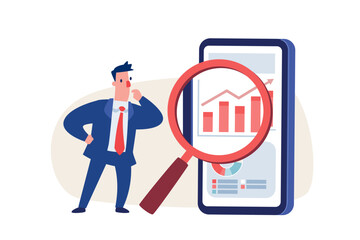businessman analyzing chart on smartphone screen using magnifying glass