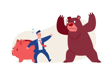 businessman protecting piggy bank from bear market