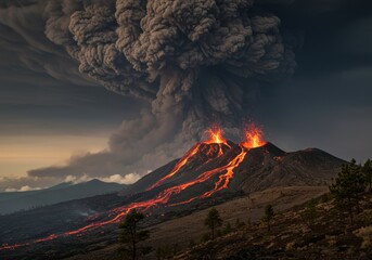 A dramatic wide shot captures a volcanic eruption at twilight, featuring a massive column of dark ash and smoke billowing into the sky. Bright, molten lava streams vividly down the slopes, with fire e