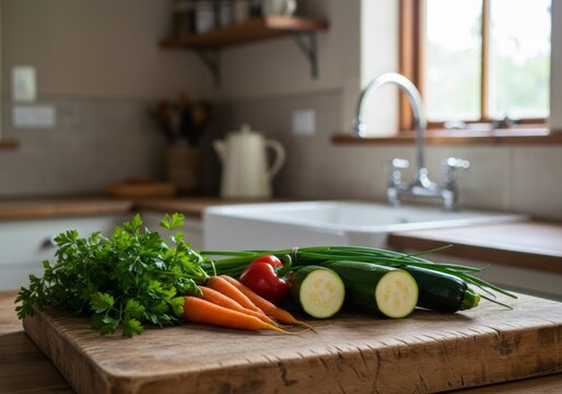 A colorful assortment of fresh, raw vegetables rests on a wooden cutting board in a brightly lit kitchen. The composition features vibrant cherry tomatoes, sliced eggplant, broccoli, and parsley, sugg
