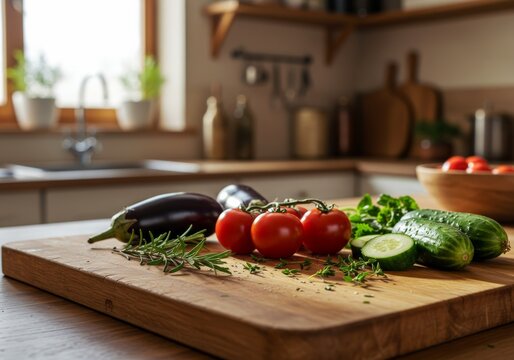 A colorful assortment of fresh, raw vegetables rests on a wooden cutting board in a brightly lit kitchen. The composition features vibrant cherry tomatoes, sliced eggplant, broccoli, and parsley, sugg