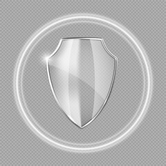 Transparent glass protection shield with glow effect. Safeguard sign. Security concept. Vector illustration