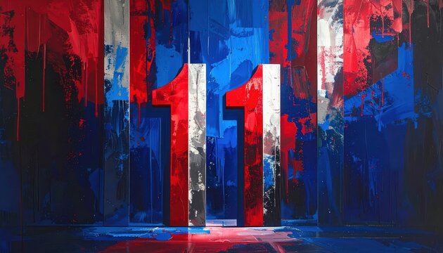 Expressive artwork displays a striking composition of the number eleven rendered in bold red, white, and silver, against a background of abstract brushstrokes in vibrant shades of blue and red,...