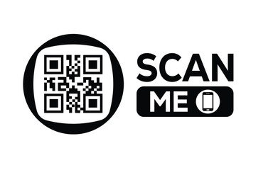 Minimalist black and white QR code icon with 'Scan Me' text on a clean background. Modern design for digital marketing, mobile app, and contactless interaction promotions.	
