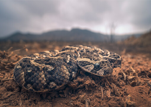 Close-up of a juvenile puff adder (Bitis arietans) lying on soil in a remote landscape,  Sidi Ifni, Kasba Tadla, Beni Mellal-Khenifra, Morocco