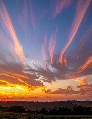 Dramatic sunset over fields
