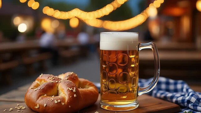 Bavarian beer in a glass mug accompanied by a fresh pretzel on a wooden board