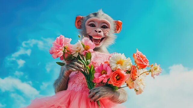 A playful monkey holds a bouquet of colorful flowers in its hands