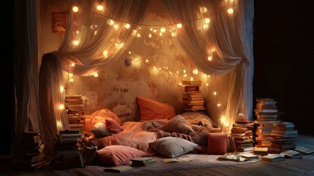 Cozy reading nook with fairy lights bedroom interior design warm atmosphere soft textures relaxation concept