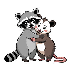 an illustration of a standing raccoon and opossum hugging © Erkan
