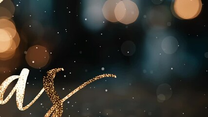 Merry Christmas golden glitter text animated on dark background with bokeh lights and falling snow festive footage