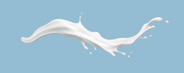 Realistic milk splash wave on blue background. Vector dairy concept