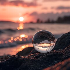 A crystal ball rests on a rocky beach at sunset. The sun sets over the ocean, casting warm colors in the sky and reflecting in the ball.