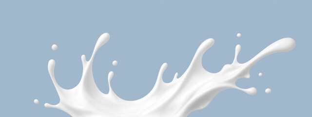 Realistic milk splash on blue background. Vector dairy or cosmetic concept