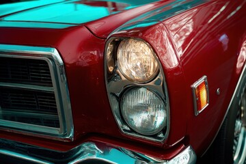 Wet blue vintage car reflecting city lights bokeh.