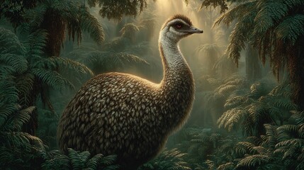 Majestic emu standing tall amidst a lush, misty forest with sunlight filtering through the trees, creating a serene and natural habitat scene