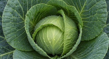 Obraz premium Fresh Green Cabbage Head with Dew Drops Growing in a Garden.