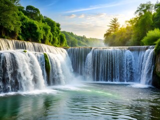 Waterfall into River: A waterfall flowing into a calm river surface.