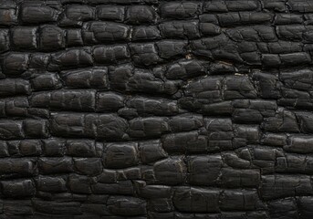 An extreme close-up reveals the deeply charred and cracked surface of burnt wood. The coal-black texture is deeply patterned with segmented, blistered sections, creating a rich, abstract background th