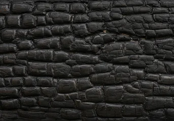 Fototapete Brennholz Textur An extreme close-up reveals the deeply charred and cracked surface of burnt wood. The coal-black texture is deeply patterned with segmented, blistered sections, creating a rich, abstract background th  © Maksim