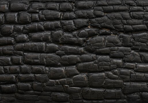 An extreme close-up reveals the deeply charred and cracked surface of burnt wood. The coal-black texture is deeply patterned with segmented, blistered sections, creating a rich, abstract background th
