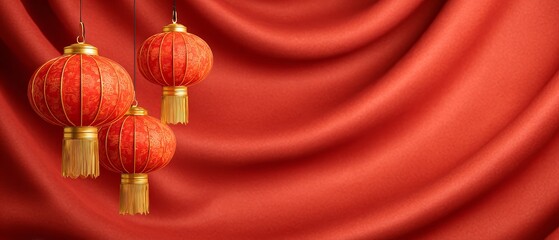 Festive chinese new year background with glowing lanterns and red lantern banner cultural celebration night festival decor