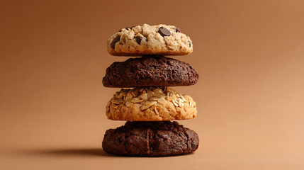 Simple, centered stack of four different cookies: chocolate chip, double chocolate, oatmeal, and dark chocolate, against a plain brown-beige background.