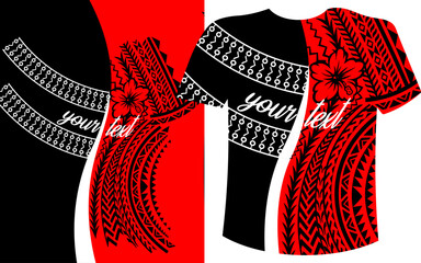 T-shirt Polynesian Tribal Print with Custom Text, Red and White Shirt with Polynesian Tattoo Motif, Samoan, Island, ethnic, traditional, cultural dress design vector, Unique shirt vector, Jersey.