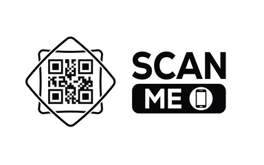 Minimalist black and white QR code icon with 'Scan Me' text on a clean background. Modern design for digital marketing, mobile app, and contactless interaction promotions.