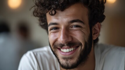 Fototapeta premium Radiant Smile: The portrait of a man radiating positivity, his genuine smile reveals warmth and happiness, creating an instant connection with the viewer.