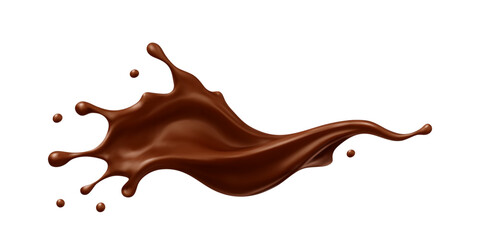 Realistic chocolate splash with drops. Dessert and confectionery concept. Vector illustration