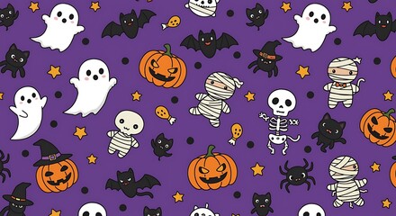 Fototapeta premium Seamless Halloween Pattern with Pumpkins Ghosts Bats and Mummies for Background
