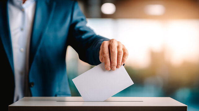 Homme en train de d&eacute;poser un bulletin de vote dans une urne