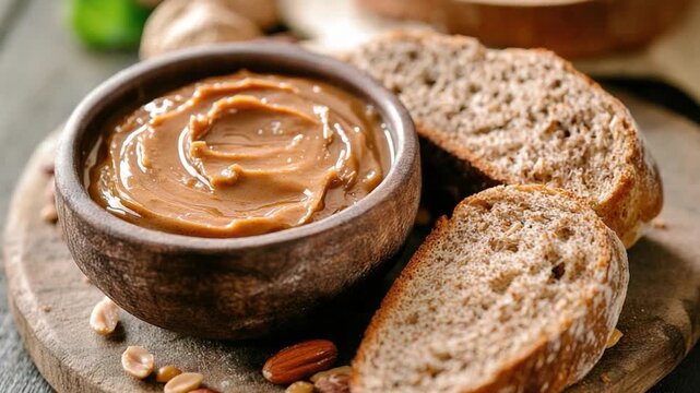 A bowl of creamy peanut butter placed next to some crusty bread for a satisfying snack